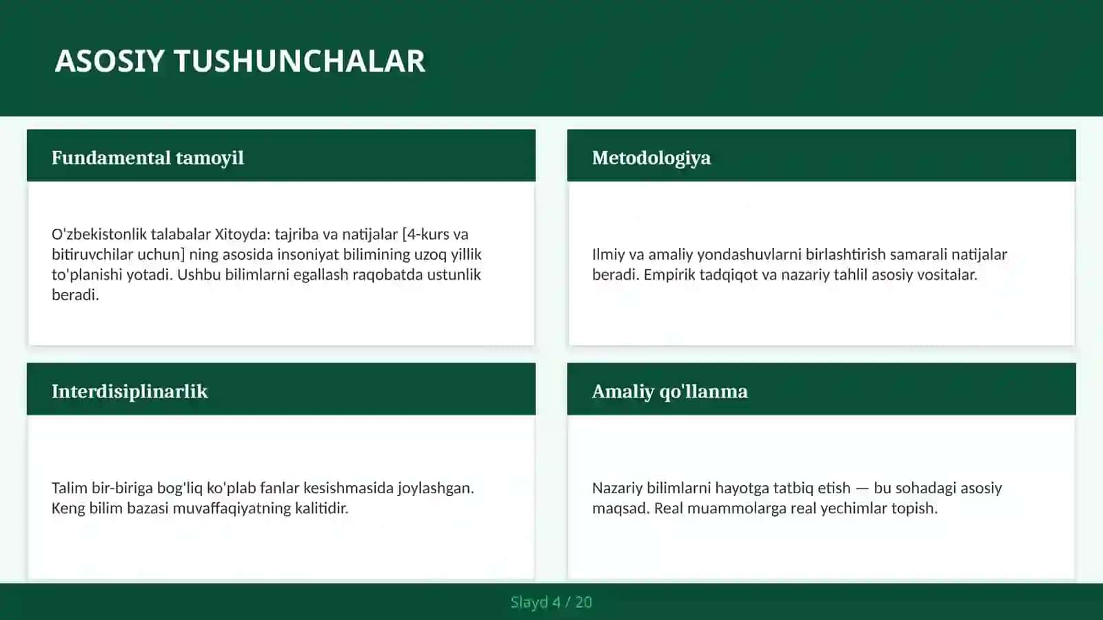 O'zbekistonlik talabalar Xitoyda: tajriba va natijalar [4-kurs va bitiruvchilar uchun] 4