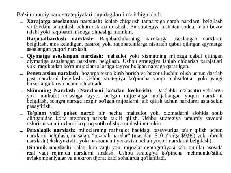 Narx siyosati va narx strategiyasi 4