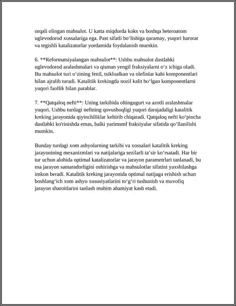 Katalitik Kreking Xom Ashyosi, Parametrlari va Mahsulotlari 4
