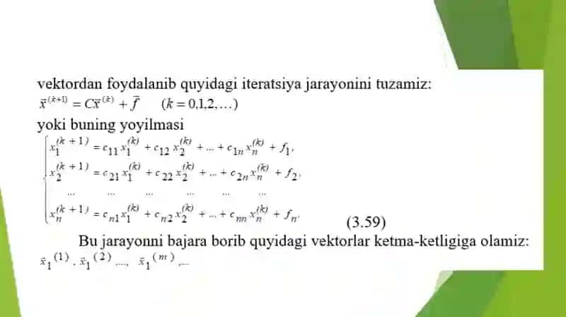 Chiziqli algebraik tenglamalar sistemasini taqribiy yechishni Zeydel usuli 4