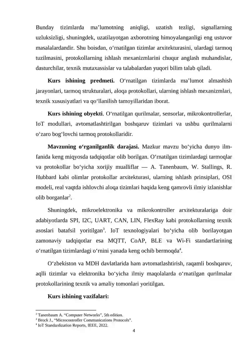 O’RNATILGAN TIZIMLARDA TARMOQLAR VA PROTOKOLLAR 4