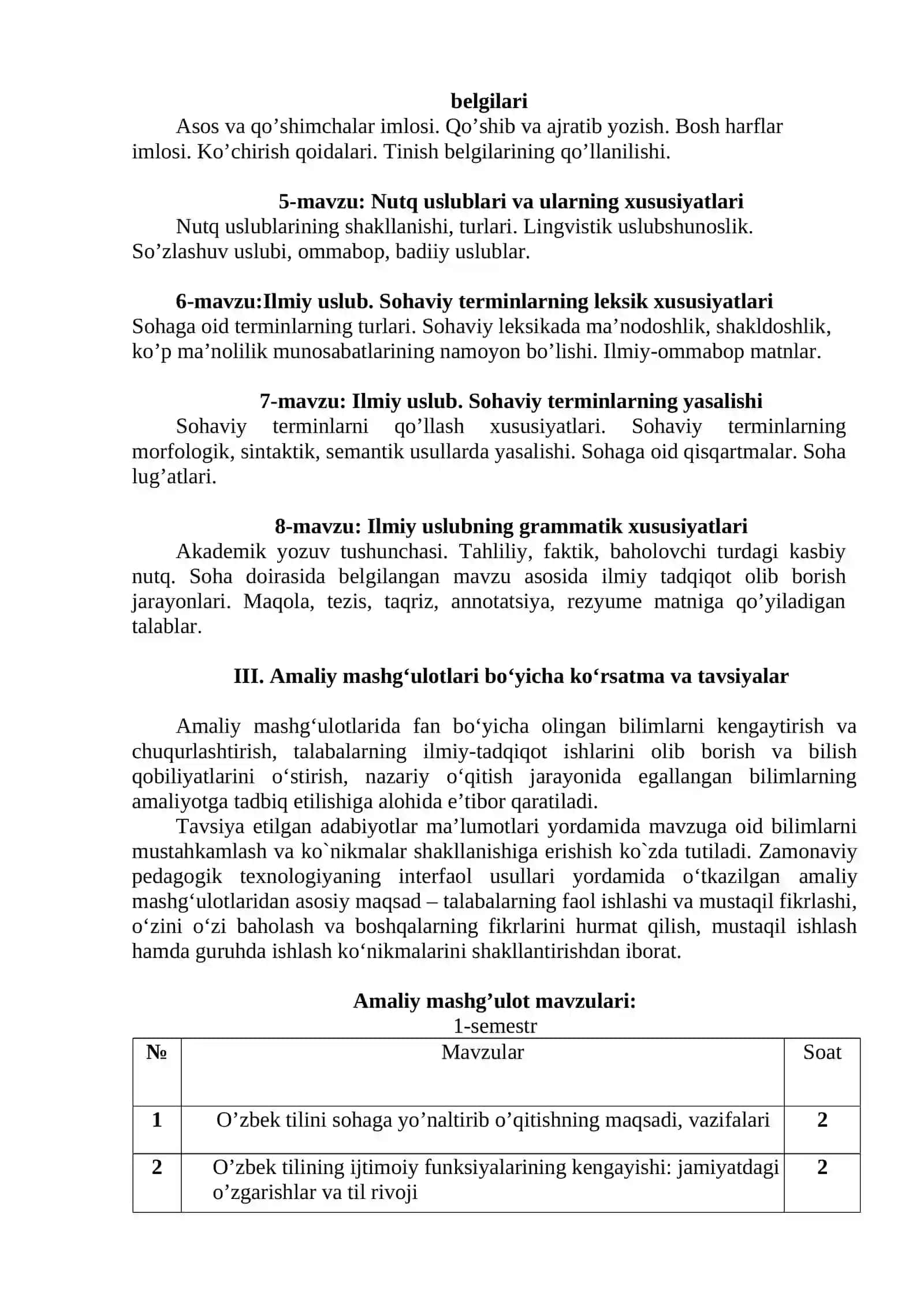 O‘ZBEK TILINING SOHADA QO’LLANISHI fanidan ISHCHI O‘QUV DASTURI 4