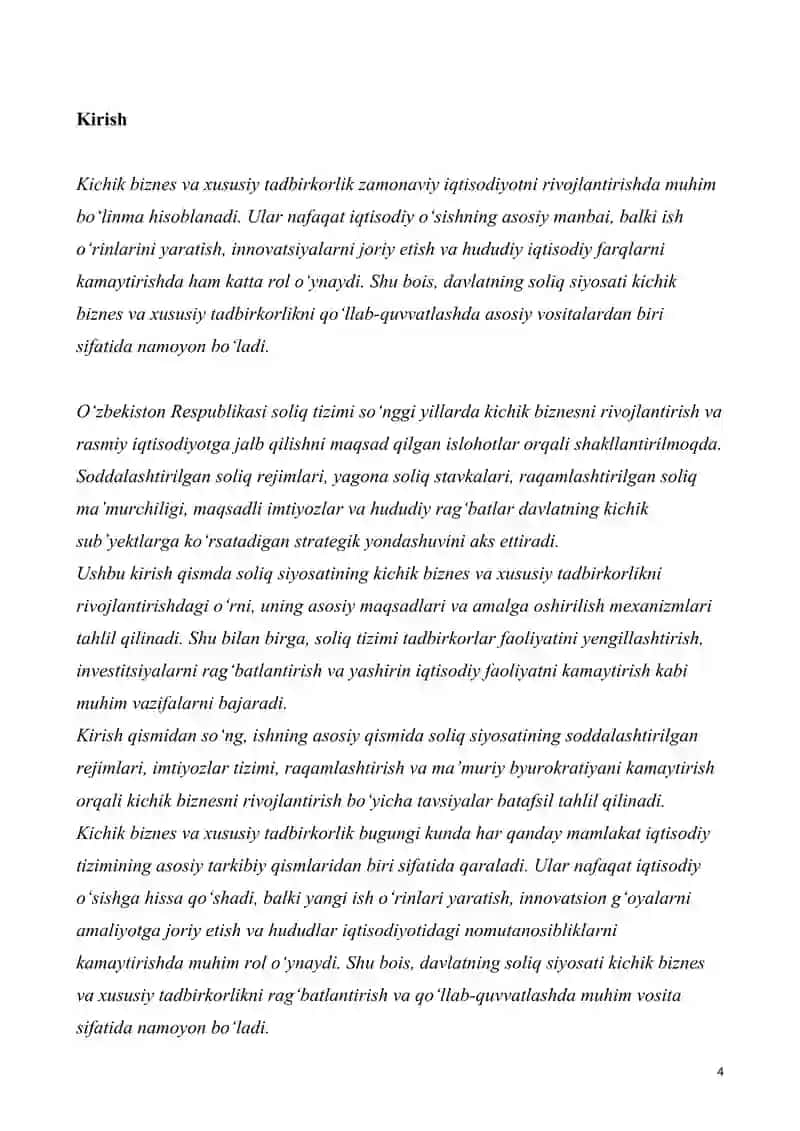 O‘zbekiston Respublikasi soliq siyosatining kichik biznes va xususiy tadbirkorlikni rivojlantirishdagi o‘rni 4