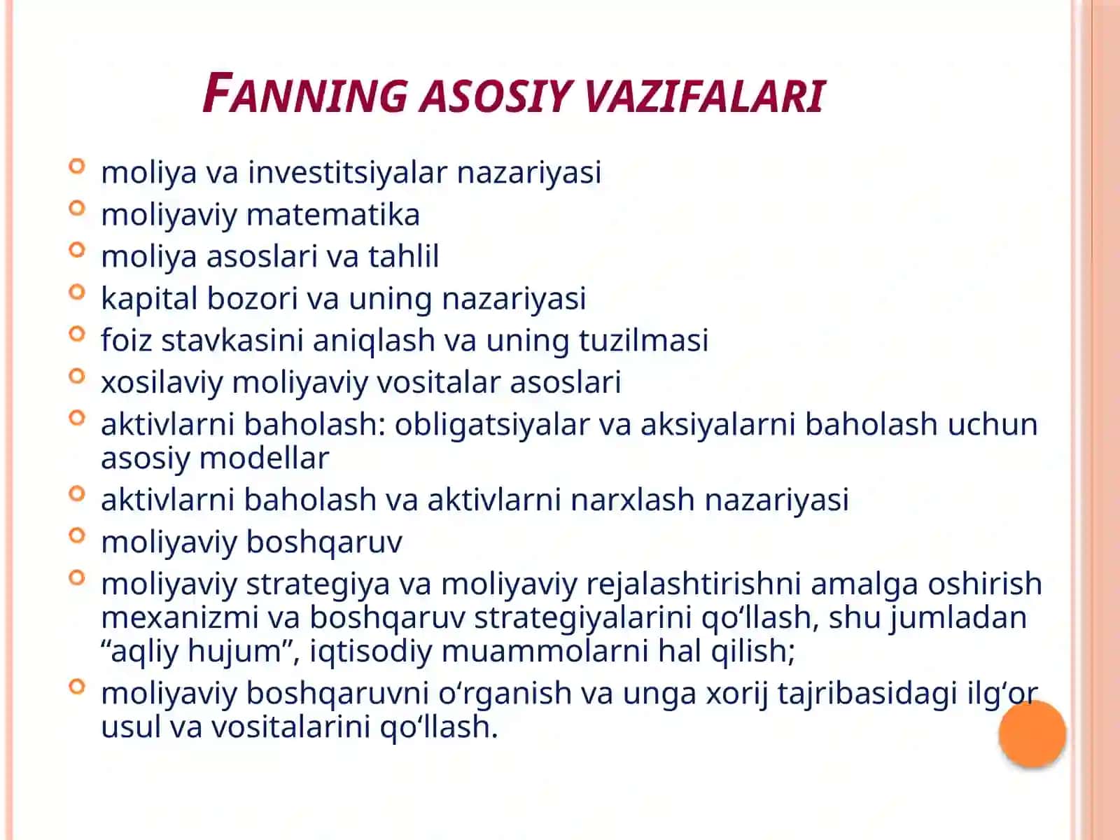 Moliya asoslari fanining maqsadi, vazifalari va tarkibiy tuzilishi 4