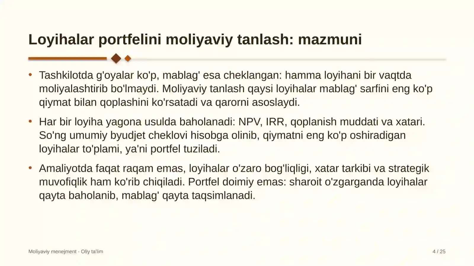 Maishiy texnika ishlab chiqarishda loyihalar portfelini moliyaviy tanlash 4