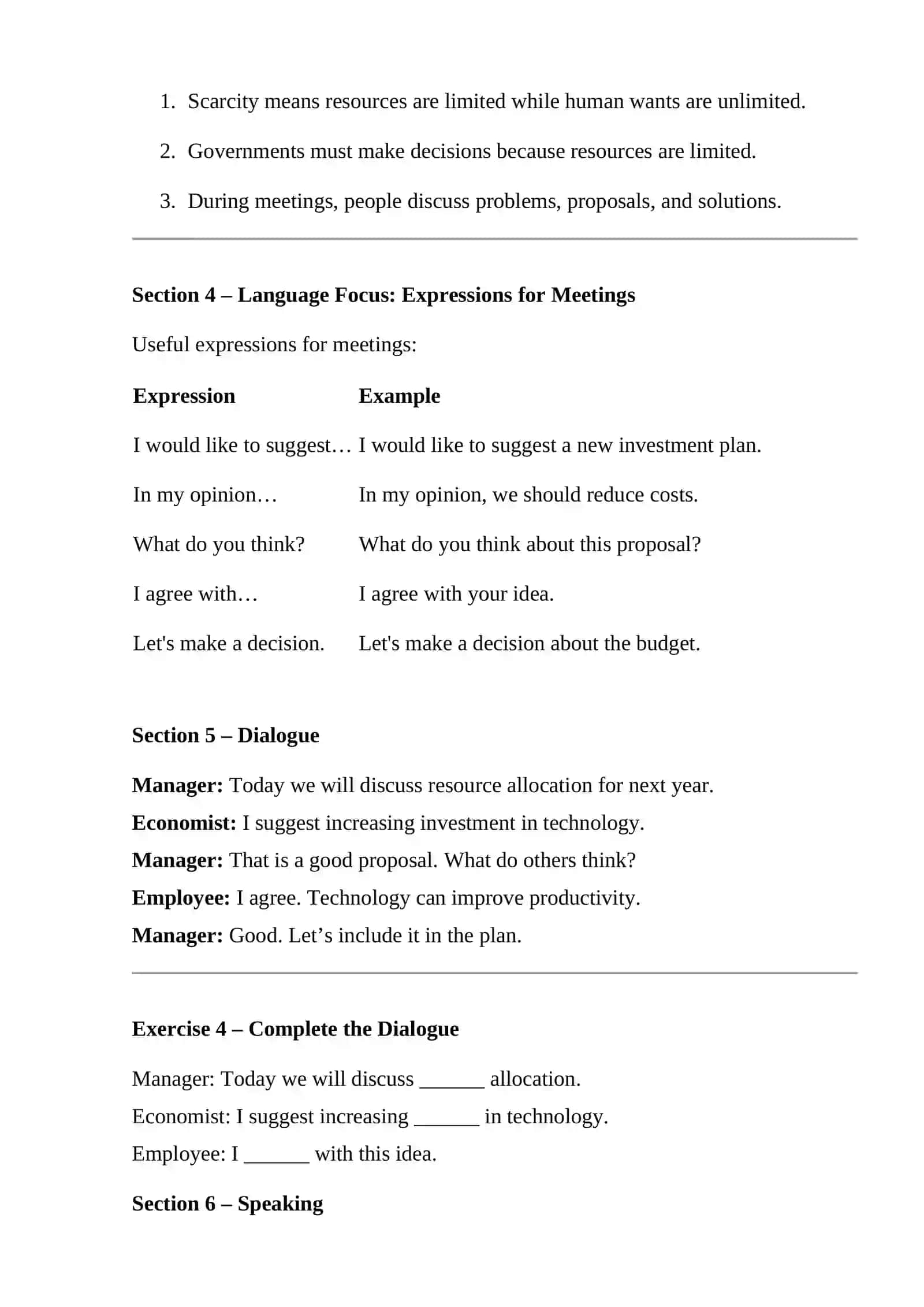 Scarcity in Economics & Meetings 4