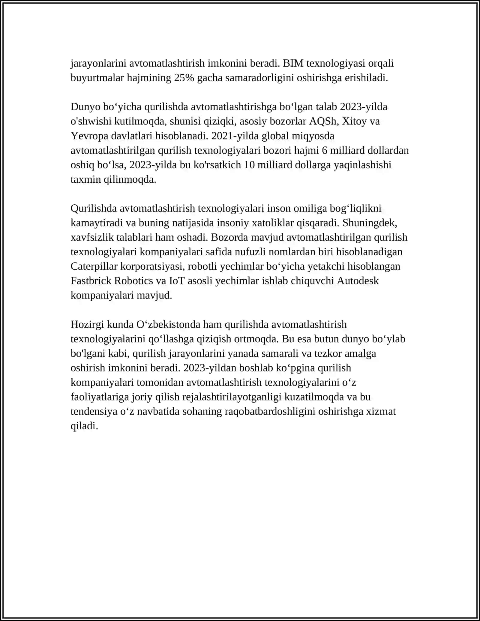 MUSTAQIL ISH Mavzu: QURILISHDA AVTOMATIZATNIYANI ROLI 4