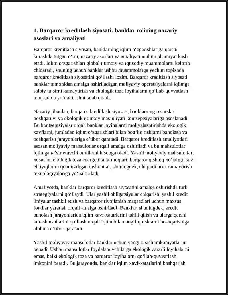 BANKLARNING IQLIM O‘ZGARISHLARIGA QARSHI KURASHDA BARQAROR KREDIT BERISH, YASHIL MOLIYAVIY MAHSULOTLAR VA IQLIM XAVF-XATARLARINI BOSHQARISH ROLI 4