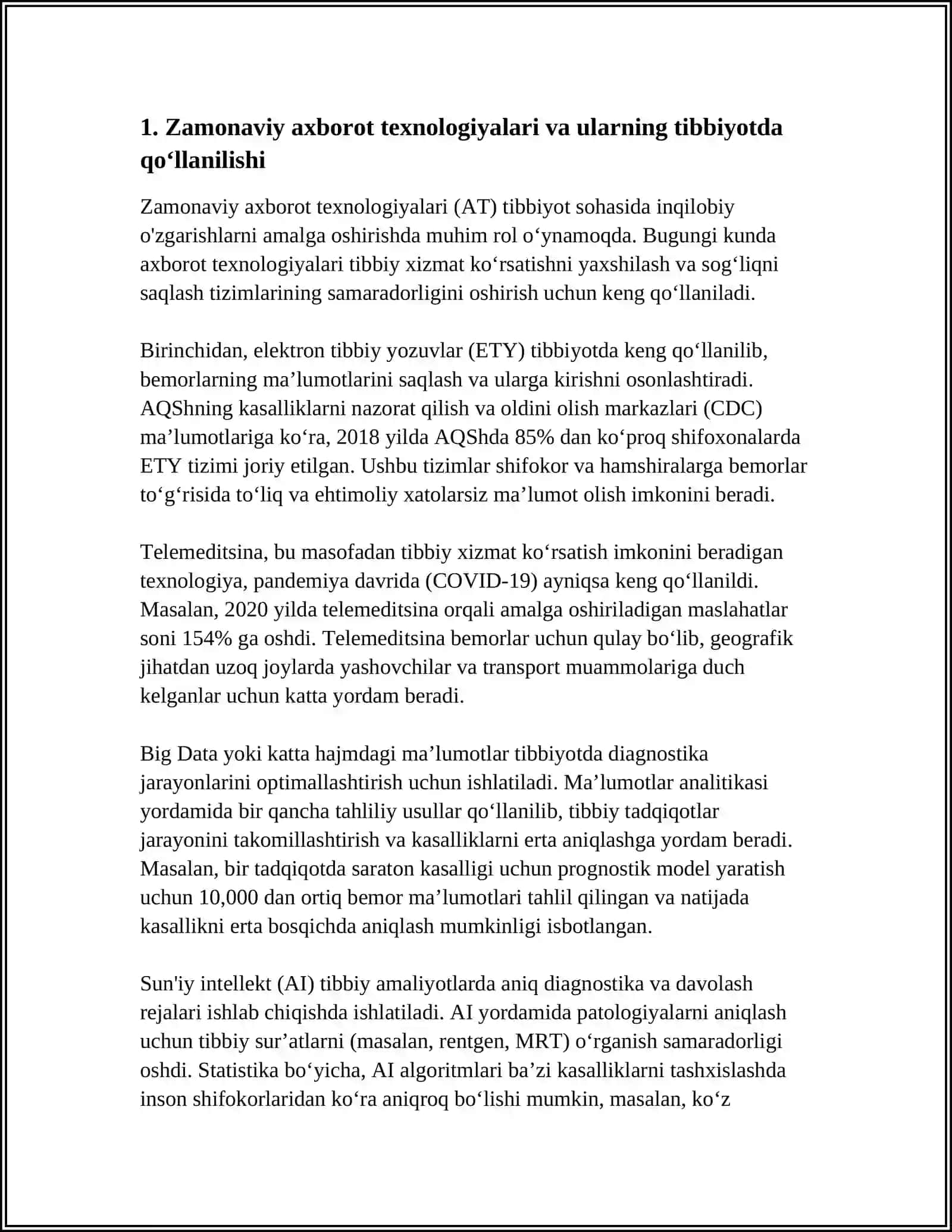 ZAMONAVIY AXBOROT TEXNOLOGIYALARIDAN BUGUNGI KUNDA FOYDALANISH DARAJASI ULARNING TIBBIYOTNING TURLI SOHALARIDA MAʼLUMOTLAR TOʻPLASHDA,DIAGNOSTIKA VA DAVOLASHDA TUTGAN OʻRNI 4