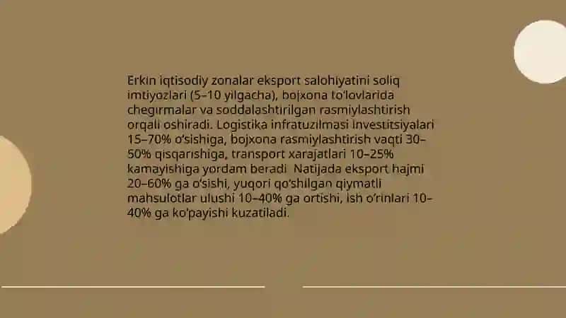 Logistika markazlari, Erkin iqtisodiy zonalar va ularning respublikaning eksport salohiyatini oshirishdagi roli 4