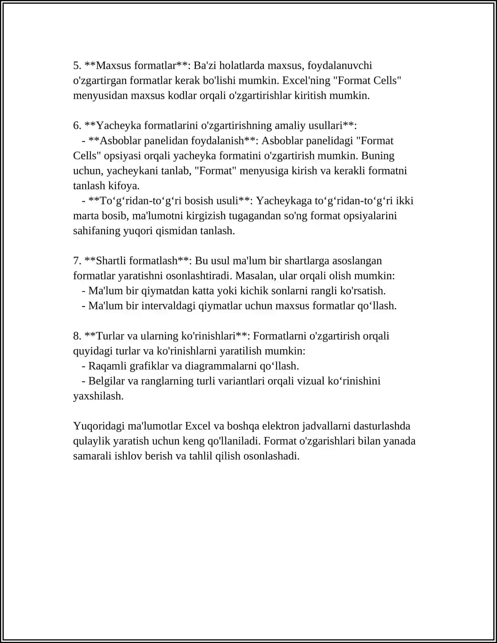 MS EXCEL DASTURIDA KATAKCHALAR FORMATLARINI OʼZGARTIRISH. AVTOTOʼLDIRISH FUNKSIYASIDAN FOYDALANISH 4