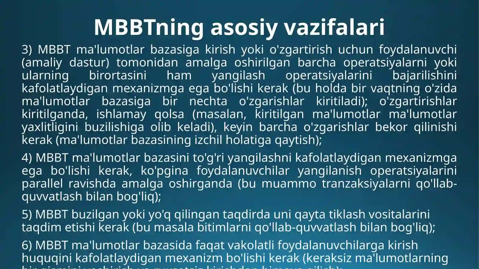 MA’LUMOTLAR BAZASIBOSHQARISH TIZIMLARI 4
