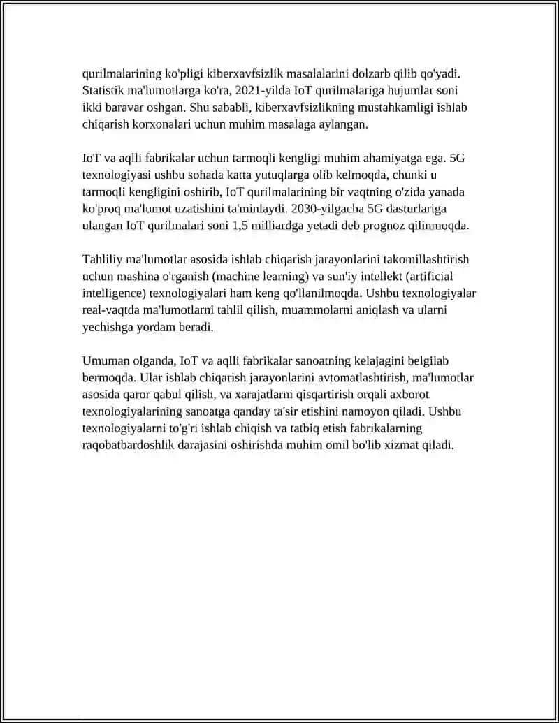 IoT (NARSALAR INTERNETI ) VA AQLLI FABRIKALAR 4