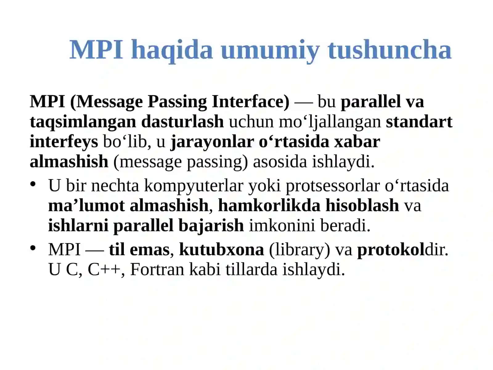 MPIning asosiy funksiyalari va dasturiy tuzilmasi 4