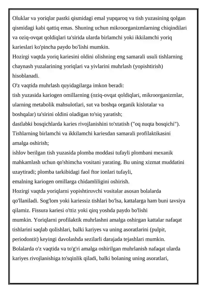 Yoriqlarni yopish - kariesning birlamchi profilaktikasi usuli 4