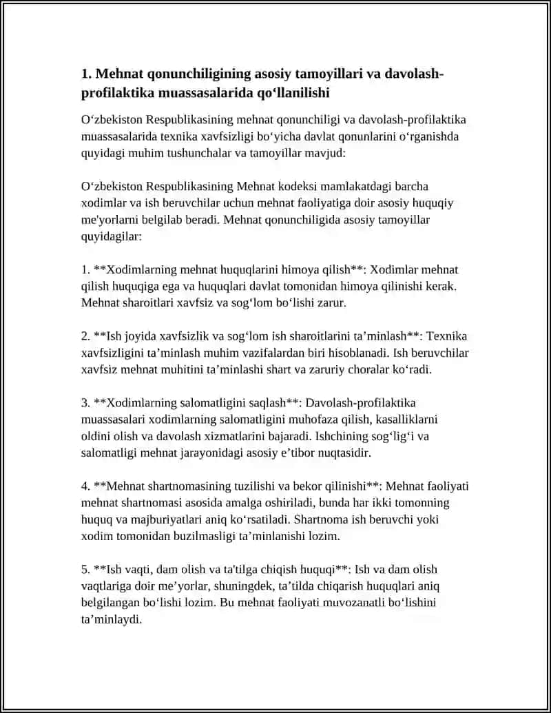 OʻZBEKISTON RESPUBLIKASINI MEHNAT QONUNCHILIGINI VA DAVOLASH PROFILAKTIKA MUASSASALARIDA TEXNIKA XAVFSIZLIGI BOʻYICHA DAVLAT QONUNLARINI OʻRGANISH 4