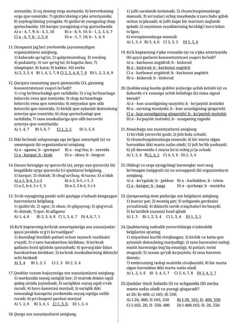 Qushlar va sutemizuvchilar test javobli 4