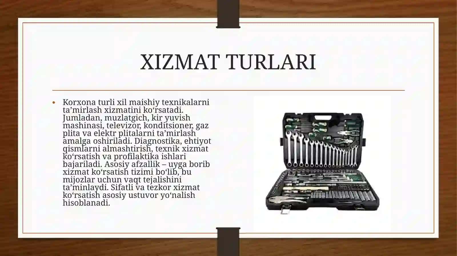 (100 millionlik loyiha ishi) Uy-ro‘zg‘orma ishiy texnikalari inta’mirlash xizmatini ta’shkil etish 4