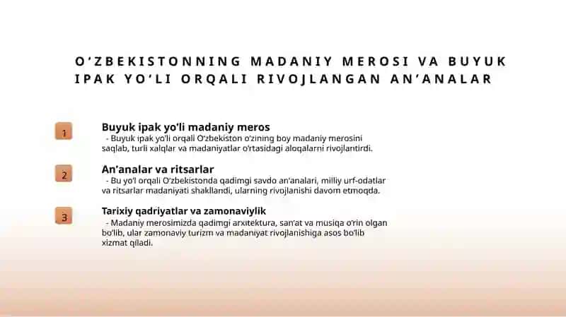 Buyuk ipak yoʻli va hozirgi zamon. Oʻzbekistonning turizm salohiyati. 4