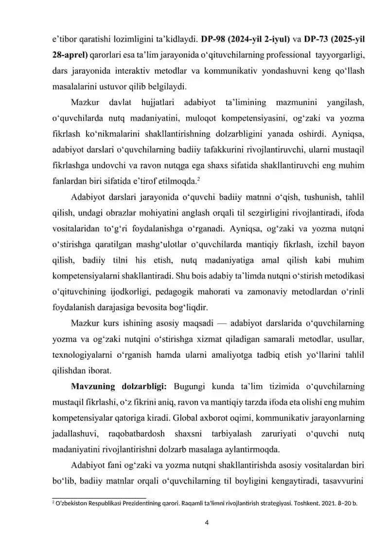 “O‘zbek adabiyotini o‘qitish metodikasi” kurs ishi 4