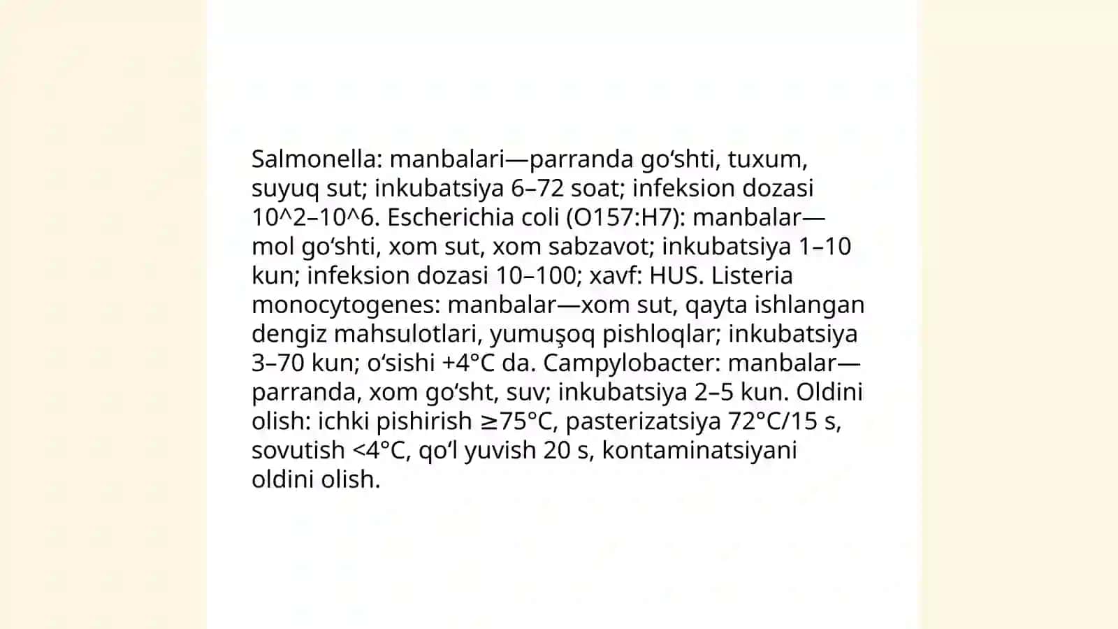 Oziq-ovqat infeksiyalari. Infeksion manbalari. Inson salomatligi uchun xavfni oldini olish 4