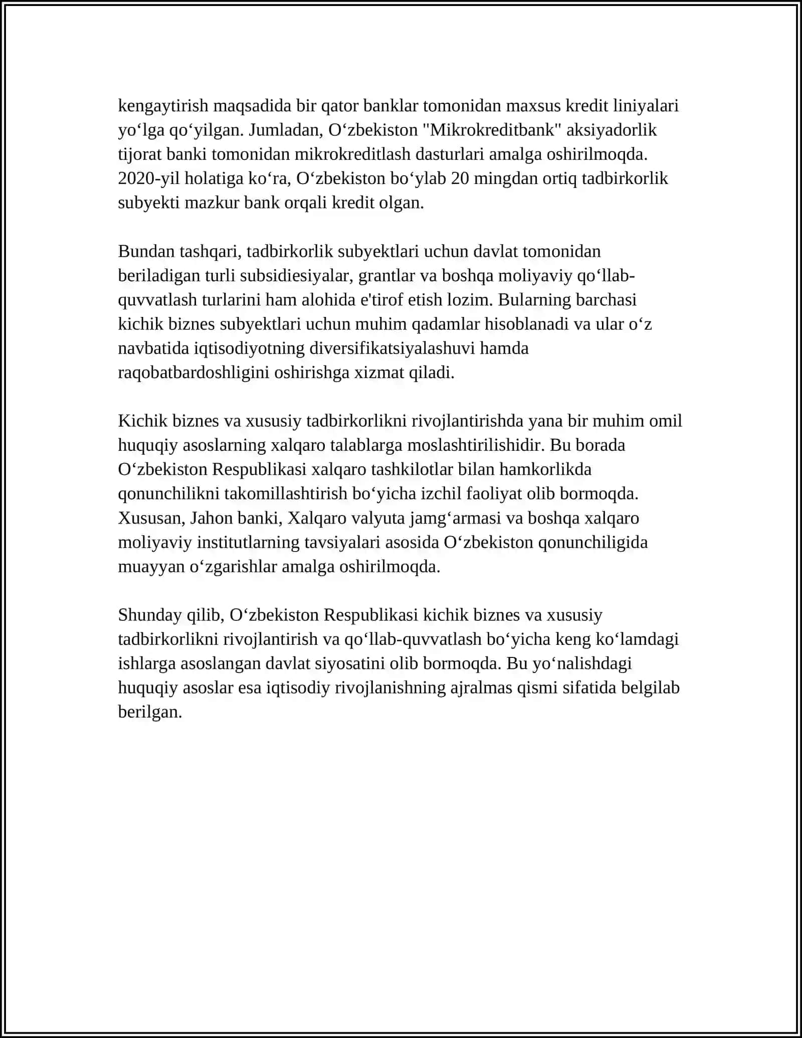 KICHIK BIZNES VA XUSUSIY TADBIRKORLIKNI QOʻLLAB QUVVATLASHDA DAVLATNING SIYOSATI 4