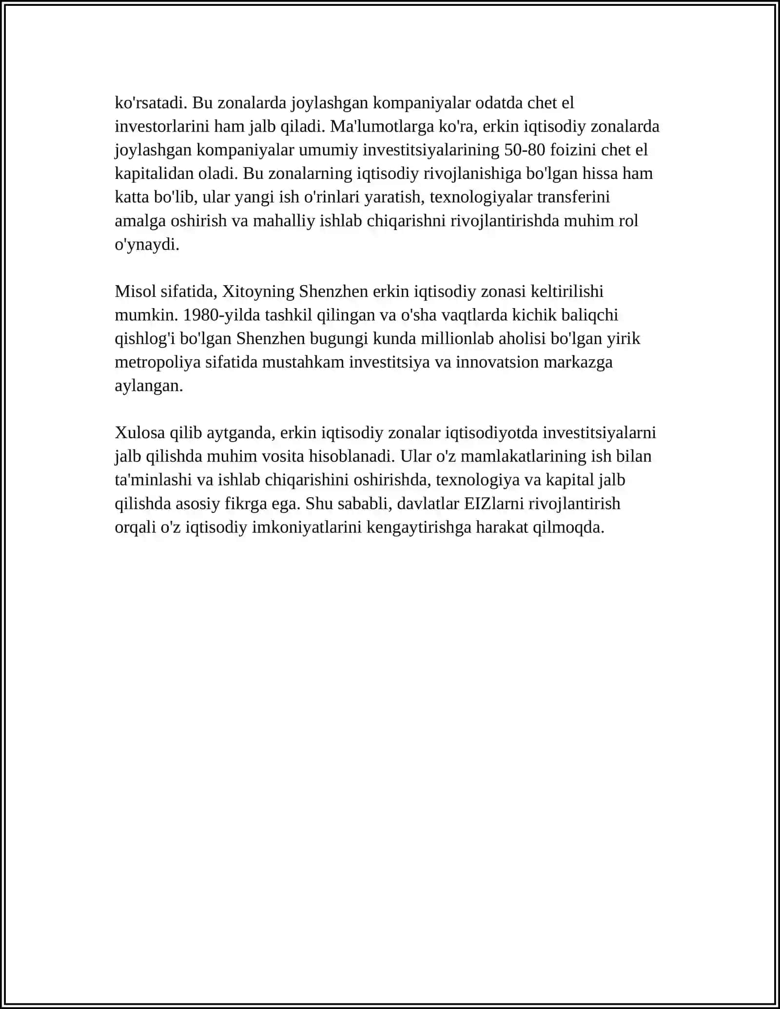 IQTISODIYOTGA INVESTITSIYANI JALB QILISHDA ERKIN IQTISODIY ZONALARNING O'RNI 4