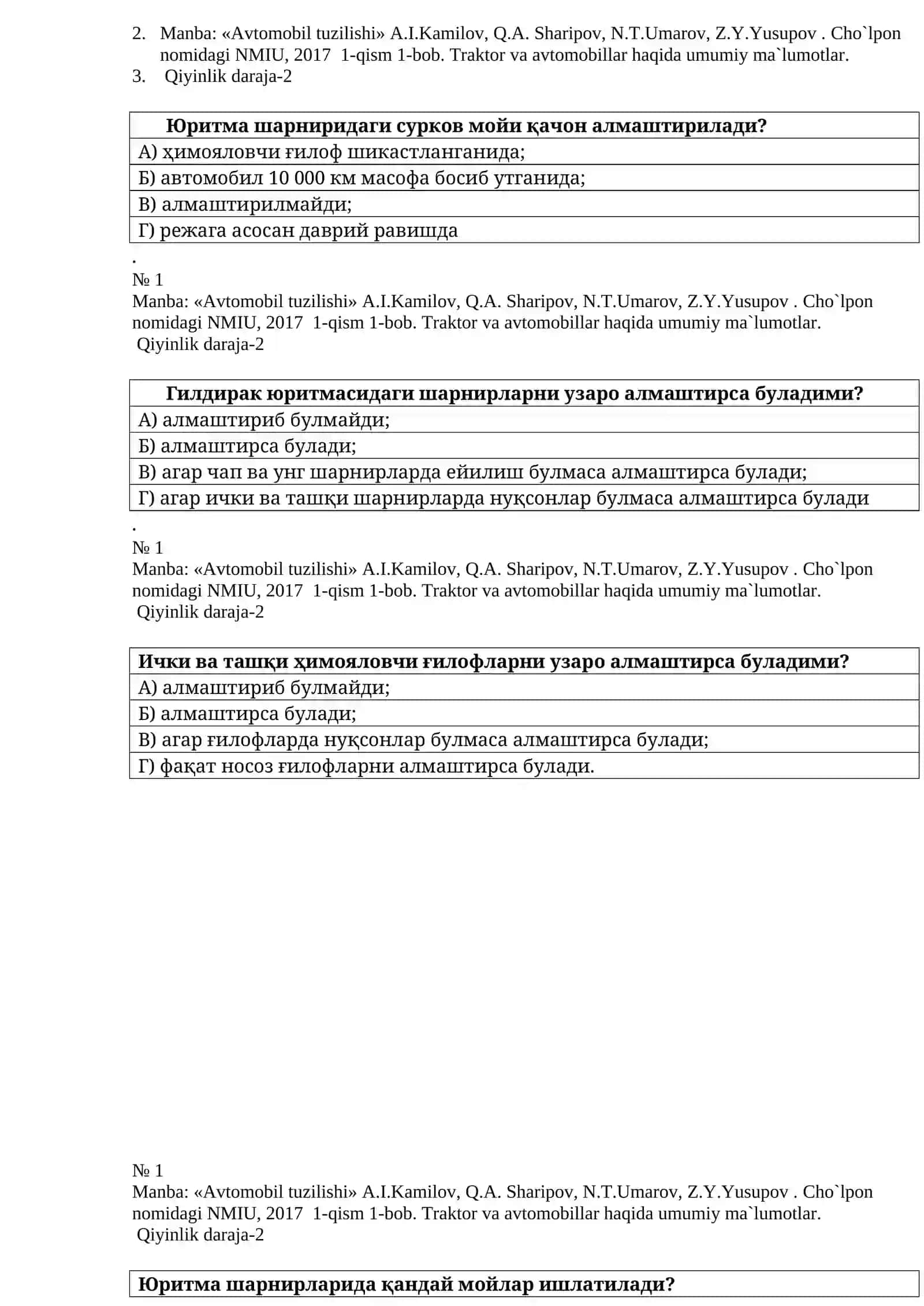 Avtomobil tuzilishi fanidan testlar 4