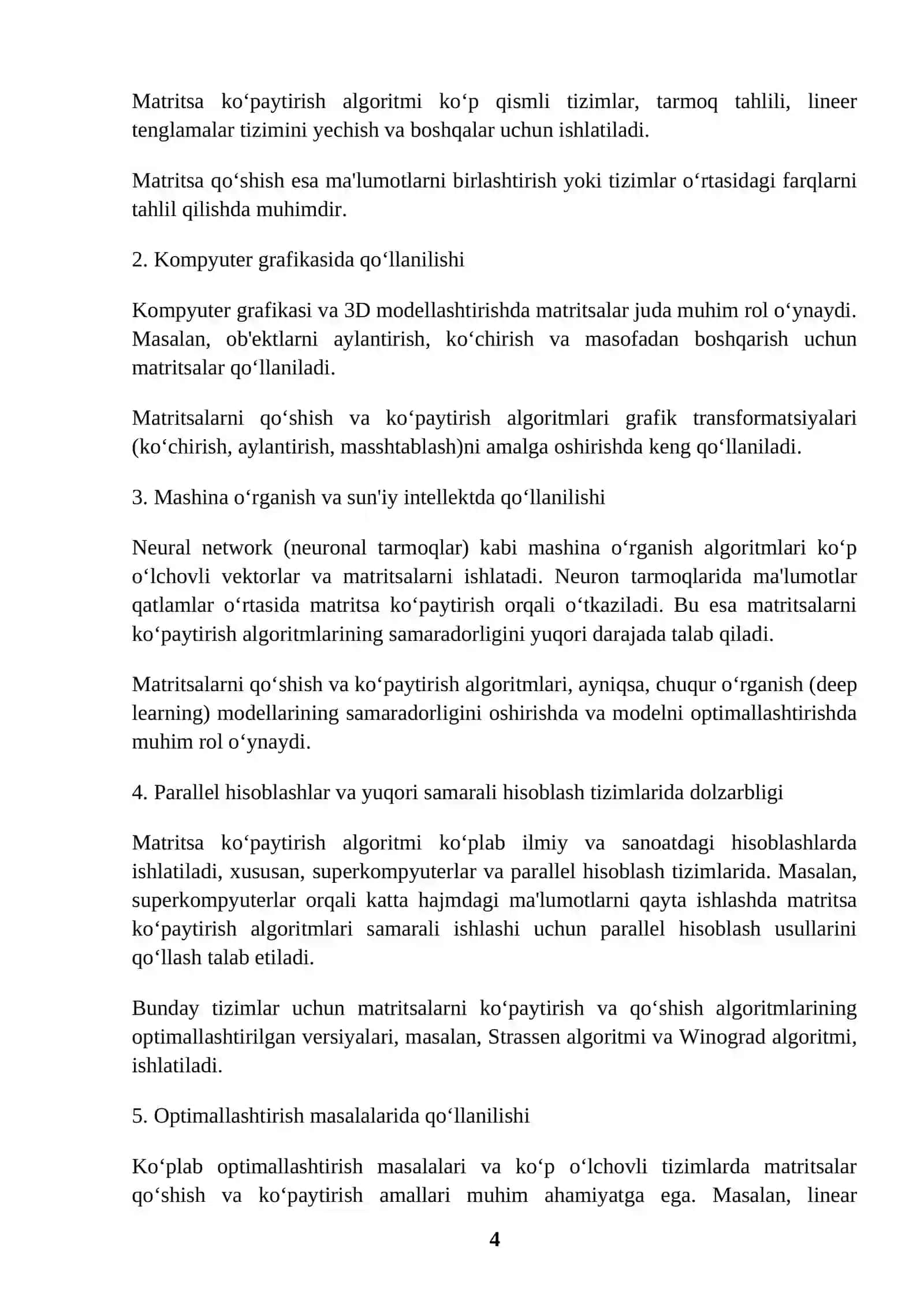 MATRISALARNI QOʻSHISH VA KOʻPAGTIRISH ALGORITMI 4