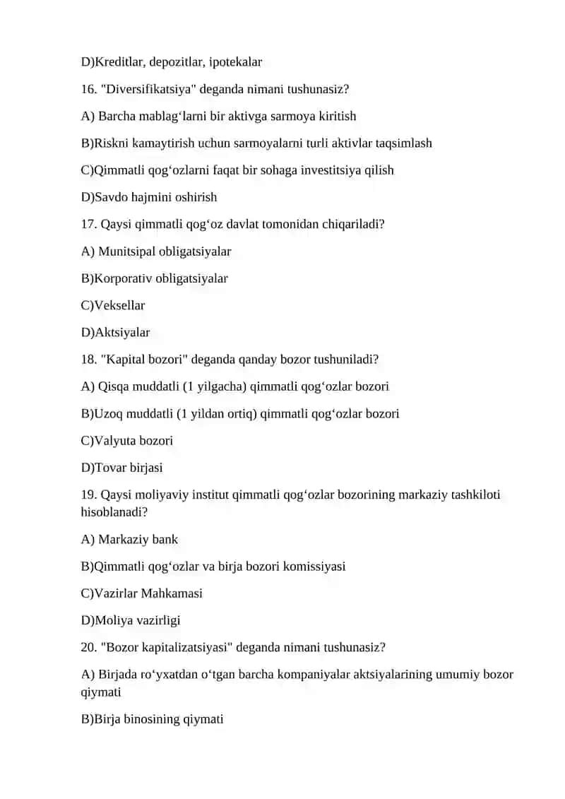 Moliya bozori va qimmatli qogʻozlar bozori boʻyicha test 4