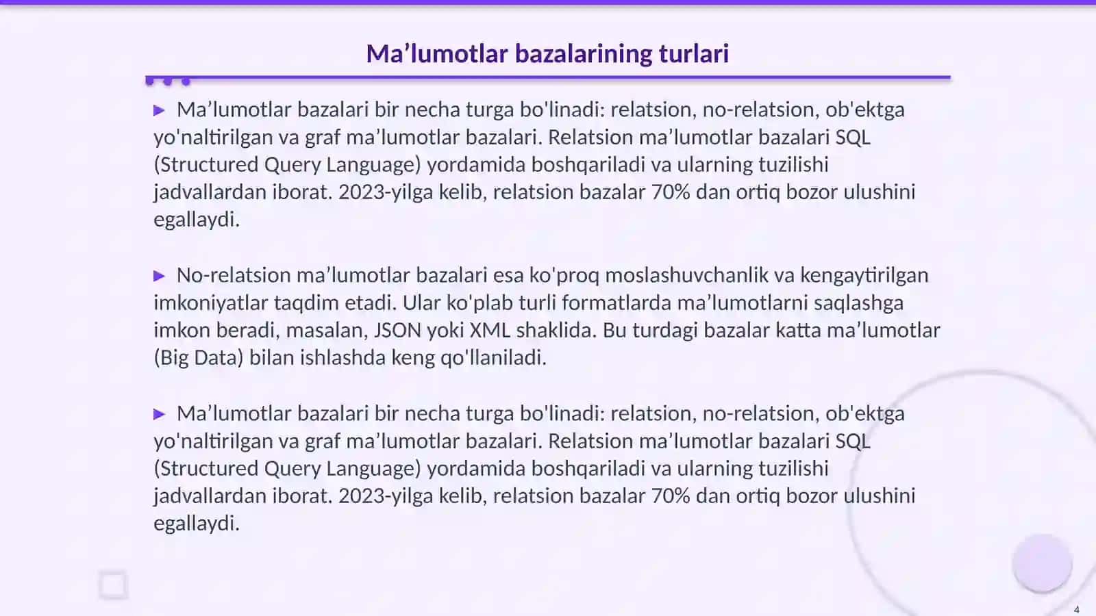 Ma’lumotlar bazasini boshqarish tizimlari 4