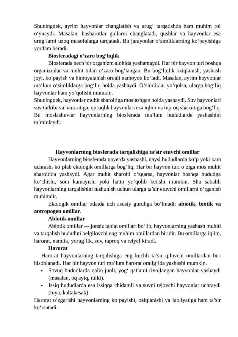 Hayvonlarning biosferada tarqalishi va uning muhit sharoitlari 4