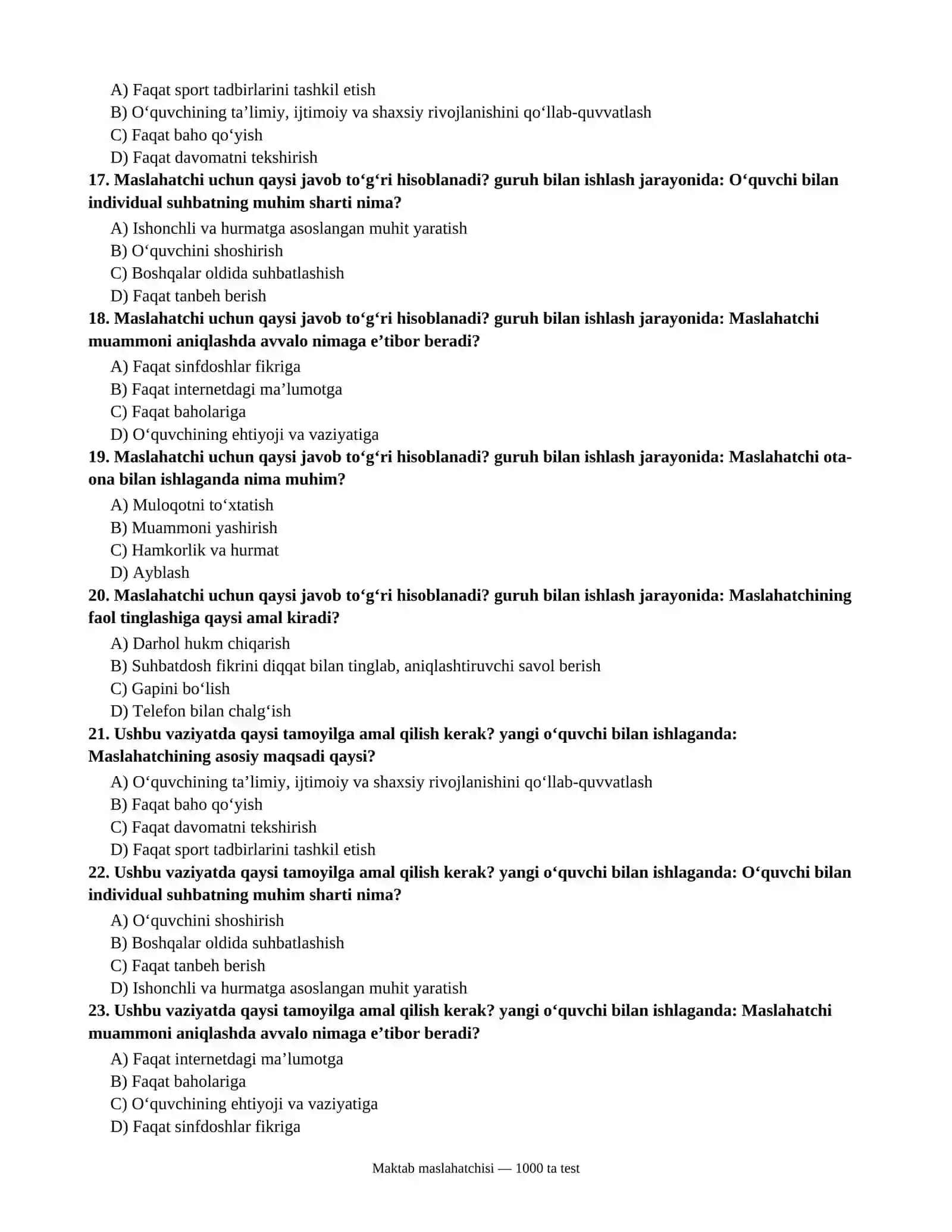 Maktab maslahatchisi uchun 1000 ta test savollari va javoblari 4