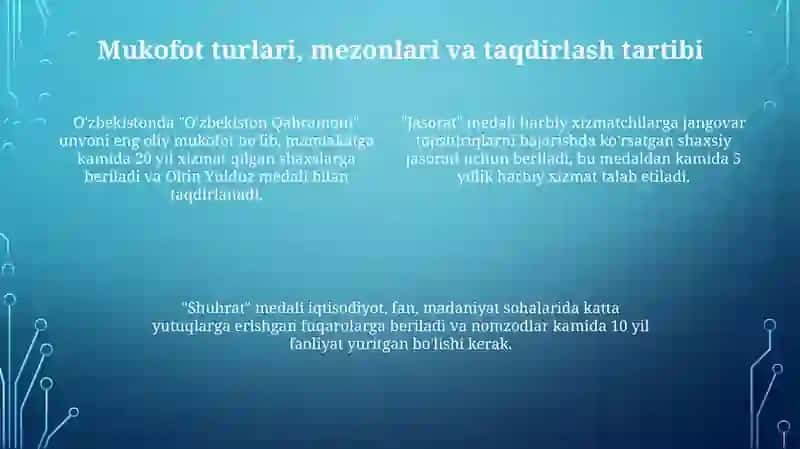 Oʻzbekiston Respublikasining mukofotlash tizimi 4