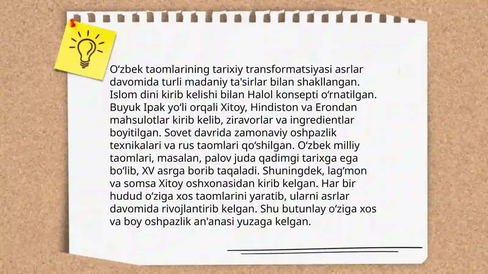 Moddiy madaniyatdagi transformatsiyalar taomlar bóyicha 4