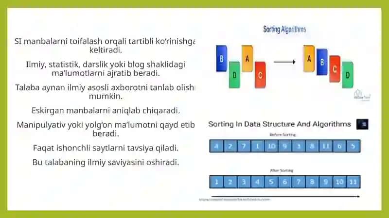 Sun'iy intellekt talabalarga axborot manbalarini topish va tekshirishda yordam berishi. 4