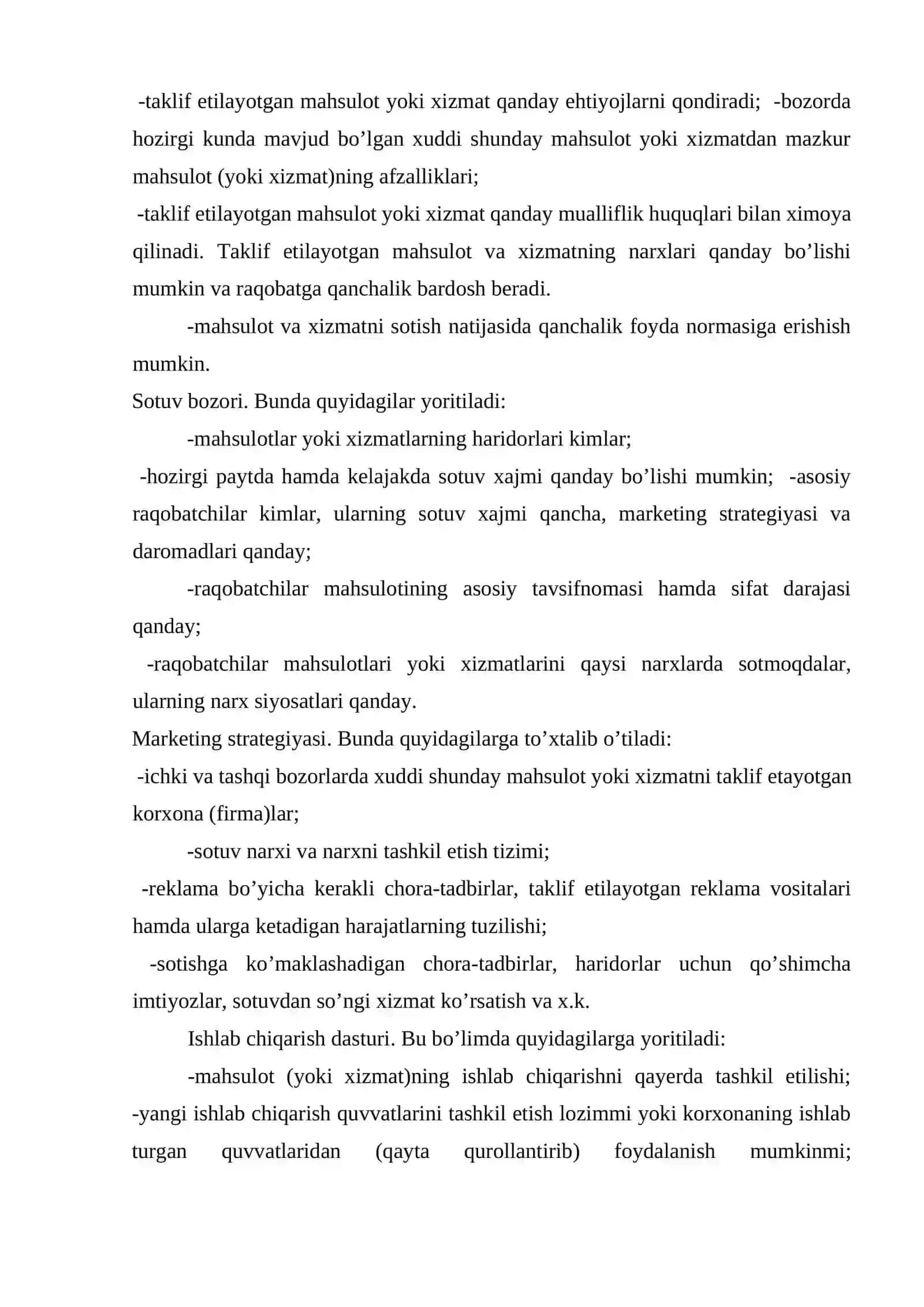 Biznes reja bo’limlarining tavsifi 4
