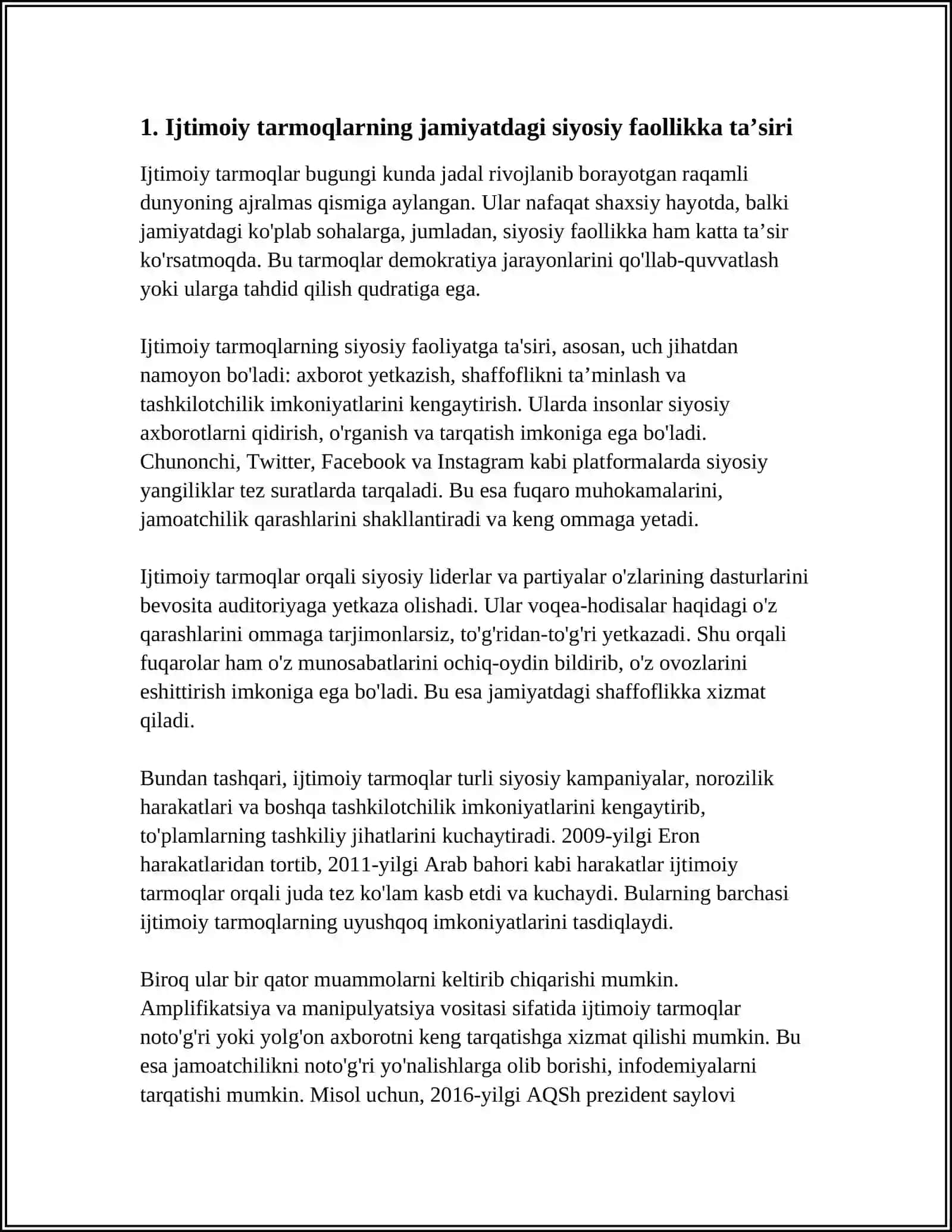 IJTIMOIY TARMOQLARNING JAMIYATGA FUNKSIANAL BOGLIQLIGI. JAXON MEDYA VA AXBOROT MAKONIDA MANFATLAR TO‘QNASHUVI 4