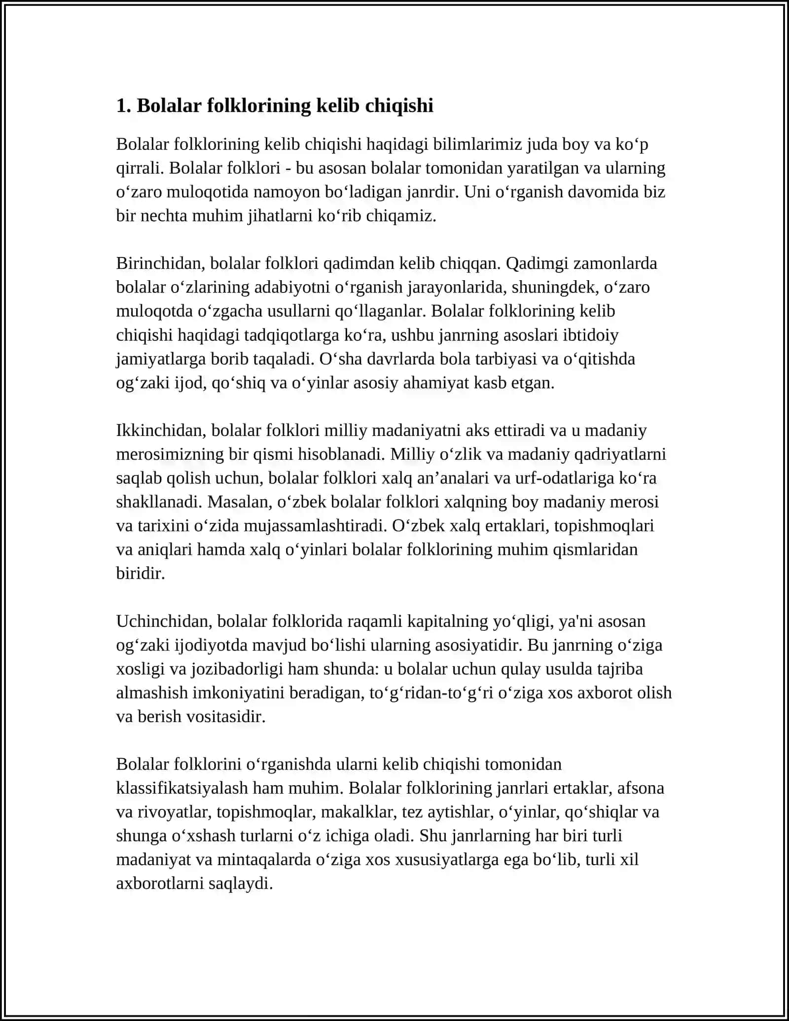 BOLALAR FOLKLORI HAQIDA TUSHUNCHA. BOLALAR FOLKLORI TABIATI VA JANR TARKIBI 4