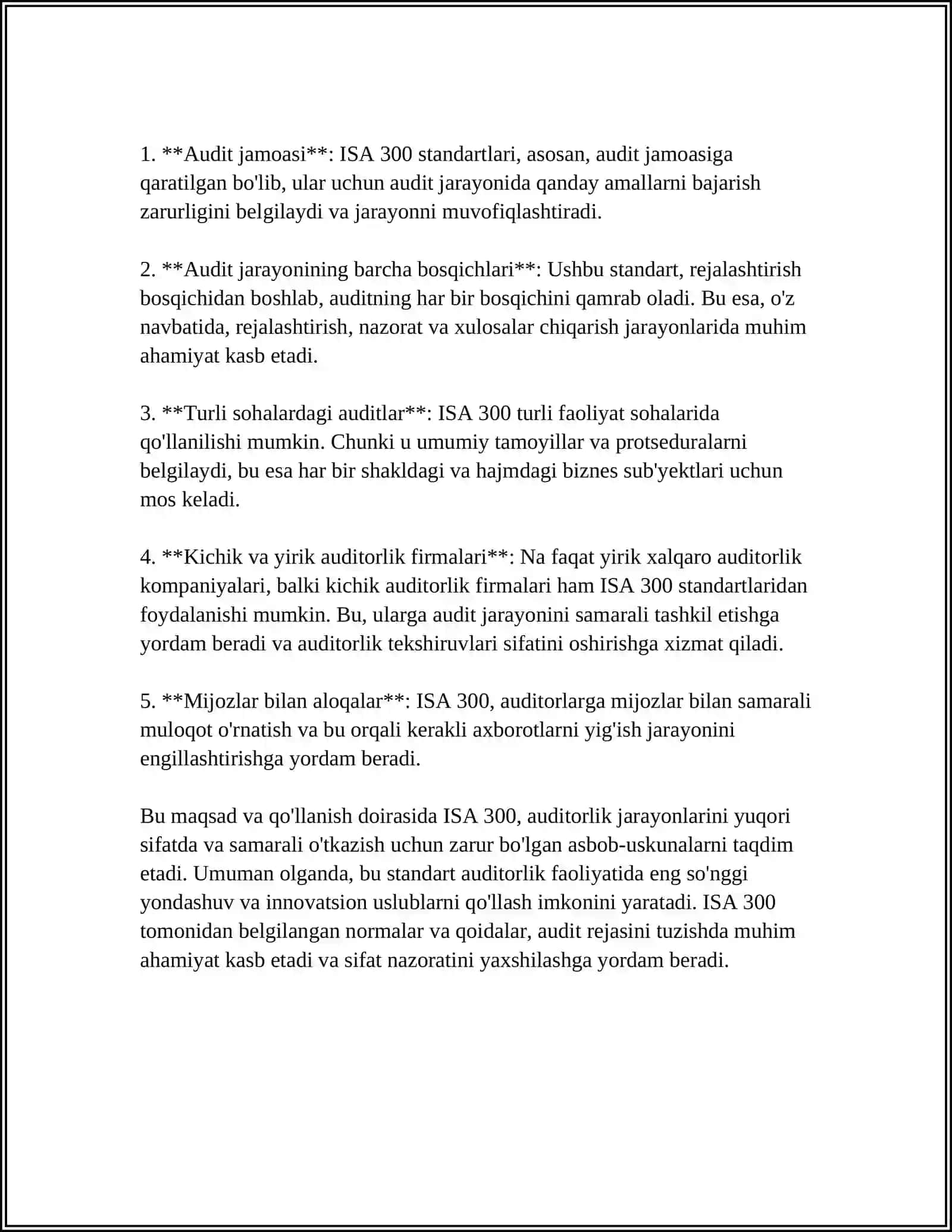AUDITORLIK TEKSHIRUVINI REJALASHTIRISH ISA-300 "PLANING AN AUDIT OF FINANCIAL STATEMENTS" TALABLAR ASOSIDA 4
