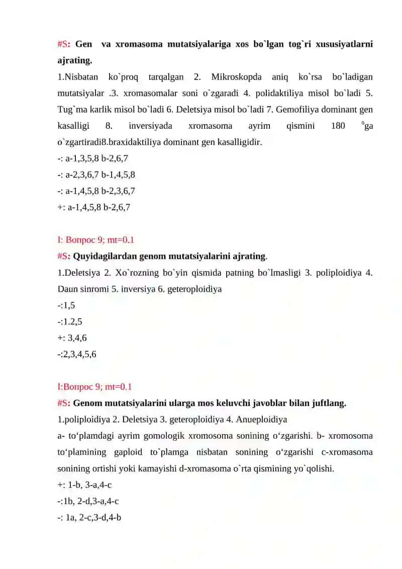O’zgaruvchanlik shakllari, paydo bo’lish mexanizmlari test 4