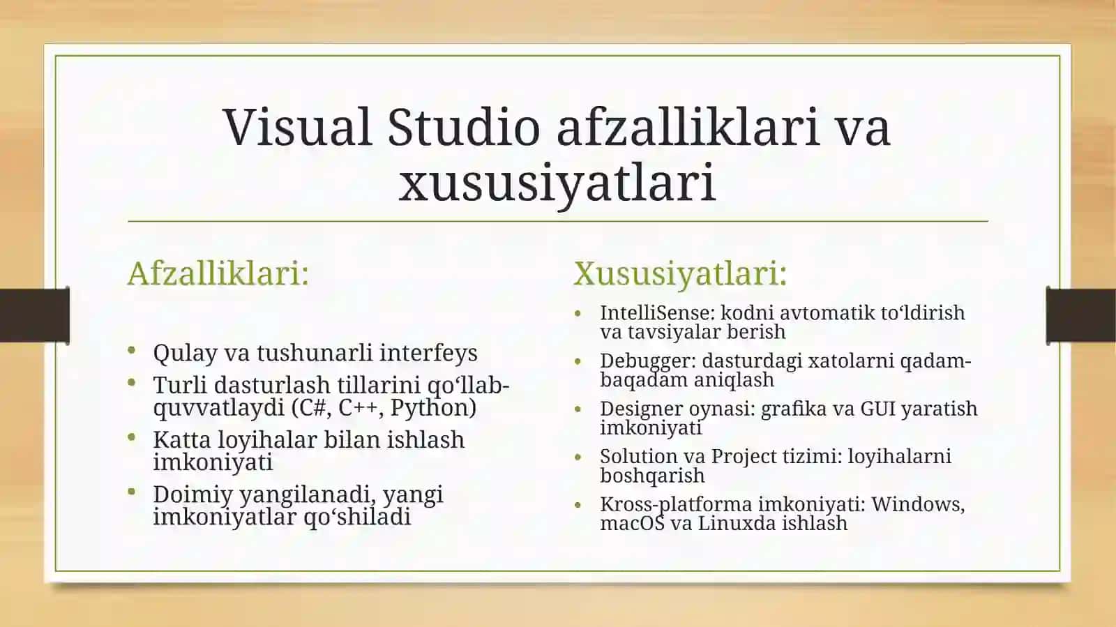 Visual Studiomuxitiningimkoniyatlari,afzalliklarivao’zigaxosxususiyatlari 4