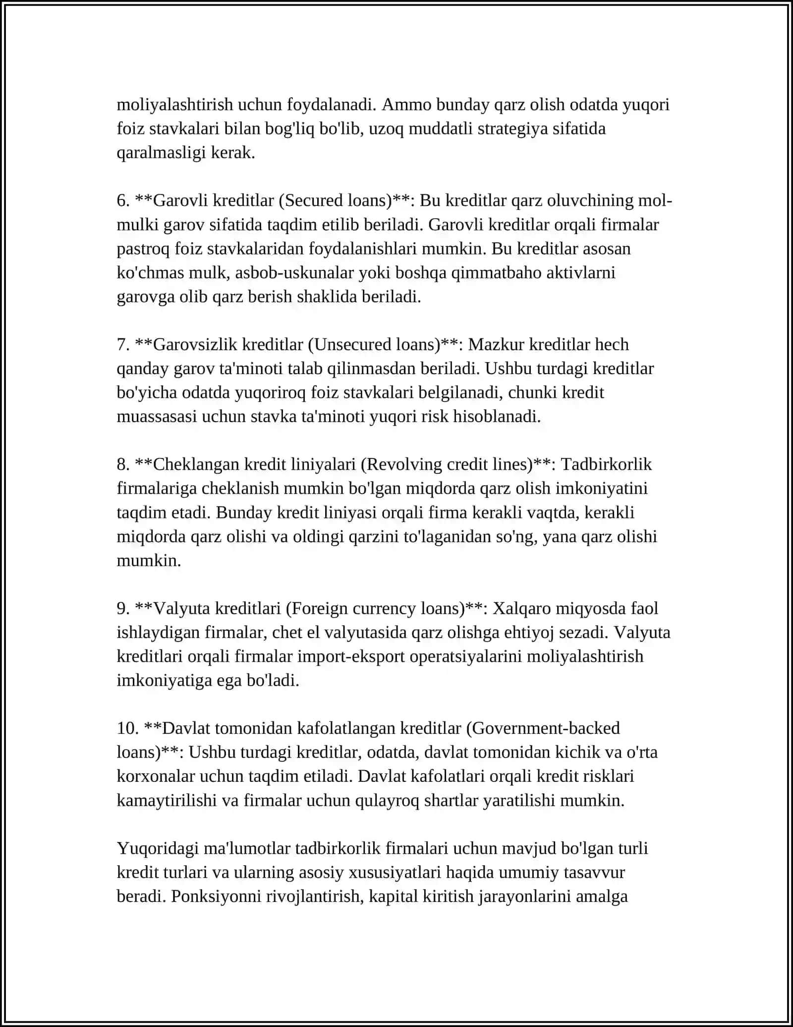 Tadbirkorlik firmalarini kreditlash 4