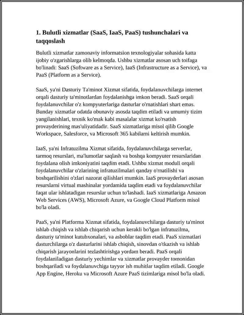 BULUTLI YECHIMLAR (SAAS) VA BULUTLI INFRATUZILMASI (IAAS). RAQAMLI PLATFORMALAR (PAAS) 4