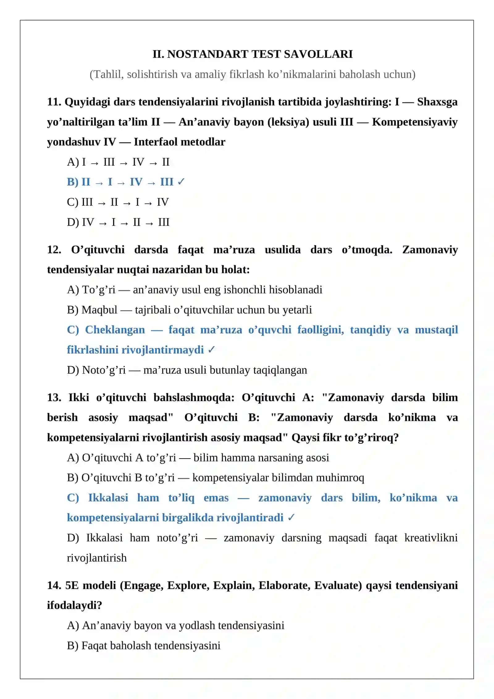 DARS RIVOJLANISHINING ASOSIY TENDENSIYALARI 20 TA TEST SAVOLLARI 4