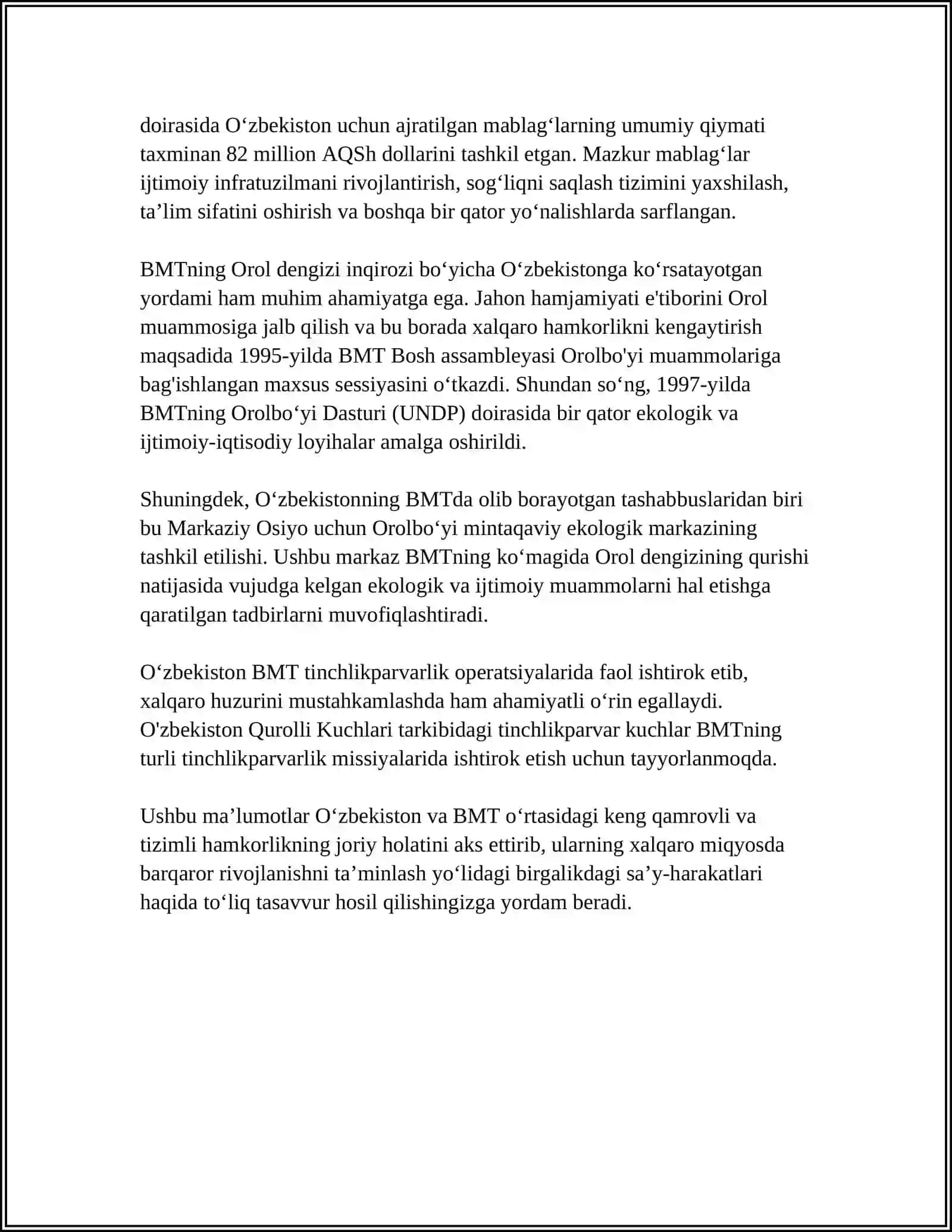 OʻZBEKISTONNING XALQARO TASHKILOTLAR BILAN HAMKORLIK ALOQALARI 4