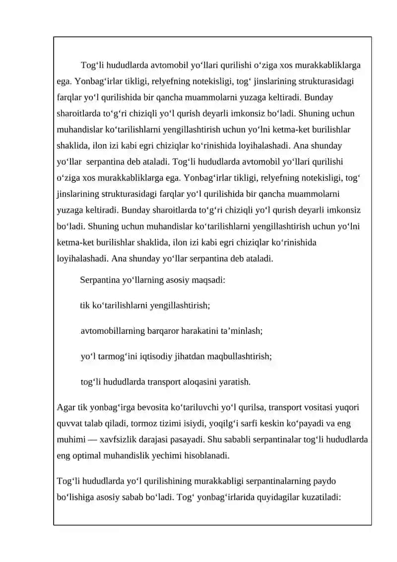 Avtomobil yo‘llaridagi serpantinalar va ularni turlari 4