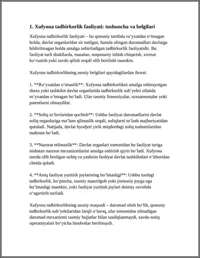 Xufyona Tadbirkorlik Faoliyatining Xuquqiy Bahosi va Javobgarlik Chorlari 4
