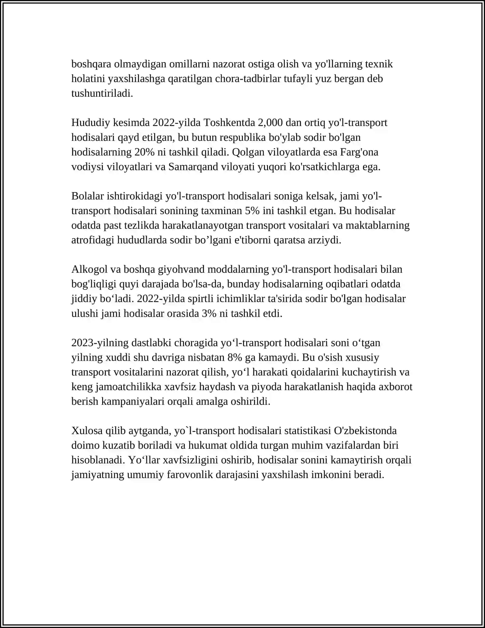 YO‘L TRANSPORT HODISALARI STATISTIKASI 4