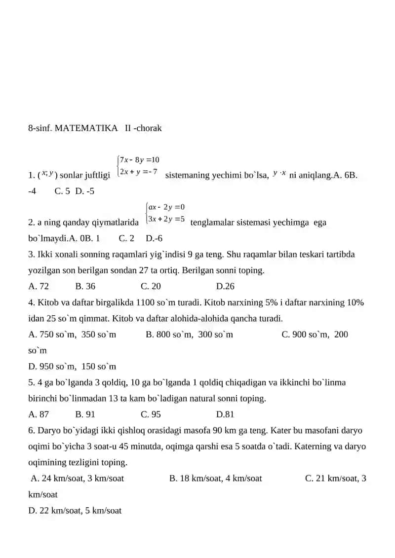 8-sinf. MATEMATIKA. I-chorak I – variant 4